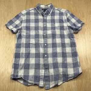 Tommy Hilfiger Custom Fit XL Linen Blend Blue Check Shirt Casual Striped GC